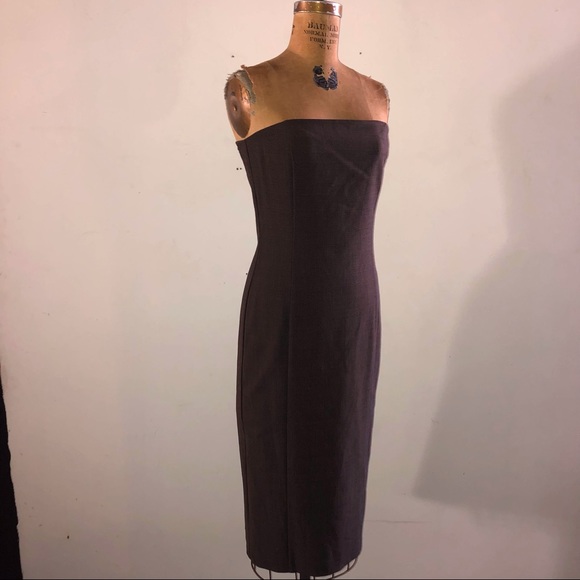 une] Brown Classic Plaid Wool Strapless Sexy Elegance Bodycon Strapless Dress - Picture 6 of 12